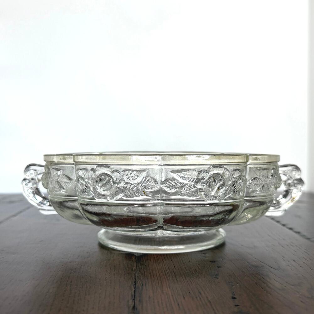 Jeannette Aztec Rose 2-Handled Dish – Clear Glass Floral Vintage